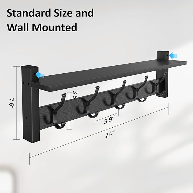 Optish Coat Rack Wall Mount with Shelf, 24 Inch Coat Hanger Walls Mounted, Hat Rack for Walls, Shelf with 5 Coat Hooks, Wall Hanger for Entryway (Black)