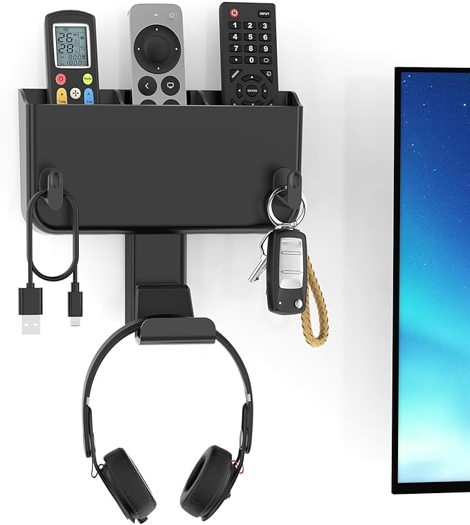 Kytok Adhesive Remote Control Holder Wall Mount with Headset Hanger, 3 in 1 Organizer TV/Fan Remote Caddy with Hook for Headphone, No Drill Controller Storage Bracket, Bed Wall Rack