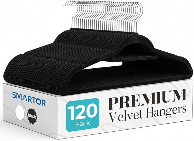 Smartor Velvet Hangers with Tie Bar 120 Pack, Non Slip Clothes Hangers with Shoulder Notches, Premium Slim Space Saving Felt Hanger for Closet Organizers and Storage, Heavy Duty Hanger for Coat, Black