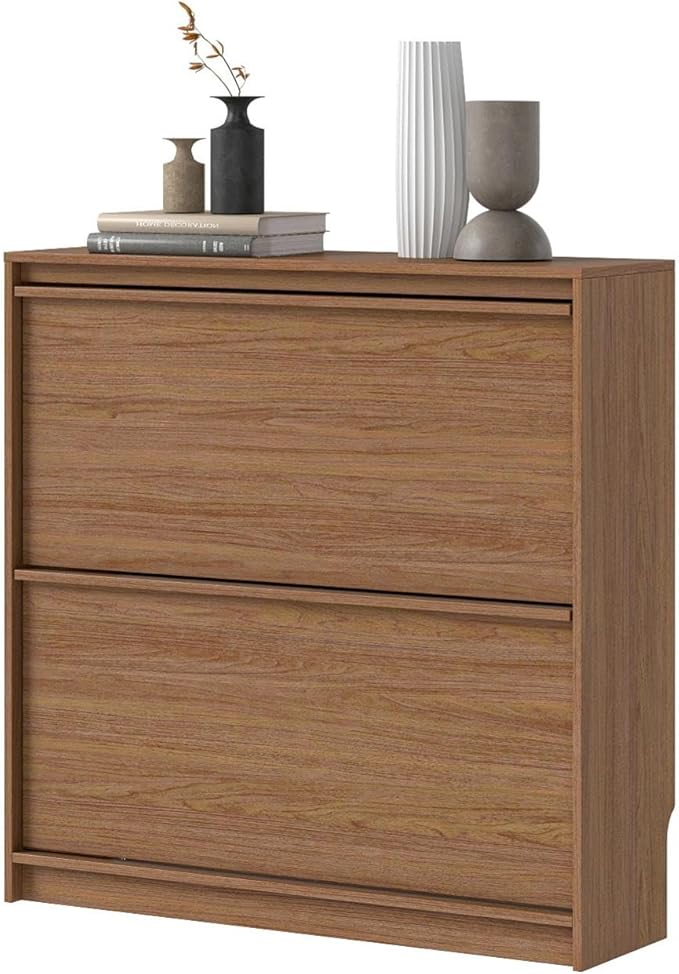 Shoe Cabinet with 2 Flip Drawers, Modern Narrow Shoe Storage Cabinet Organizer with Adjustable Shelf, Hidden Freestanding Shoe Rack for Entryway, Hallway, Living Room, Walnut