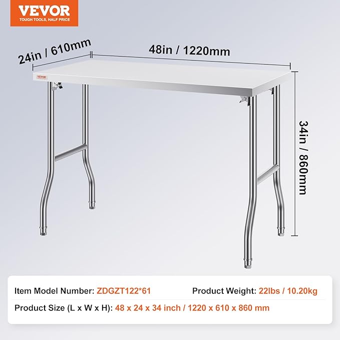 VEVOR Stainless Steel Foldable Work Table, 24 * 48 Inch Heavy Duty Food Outdoor Stainless Steel Worktable for Commercial Kitchen Restaurant