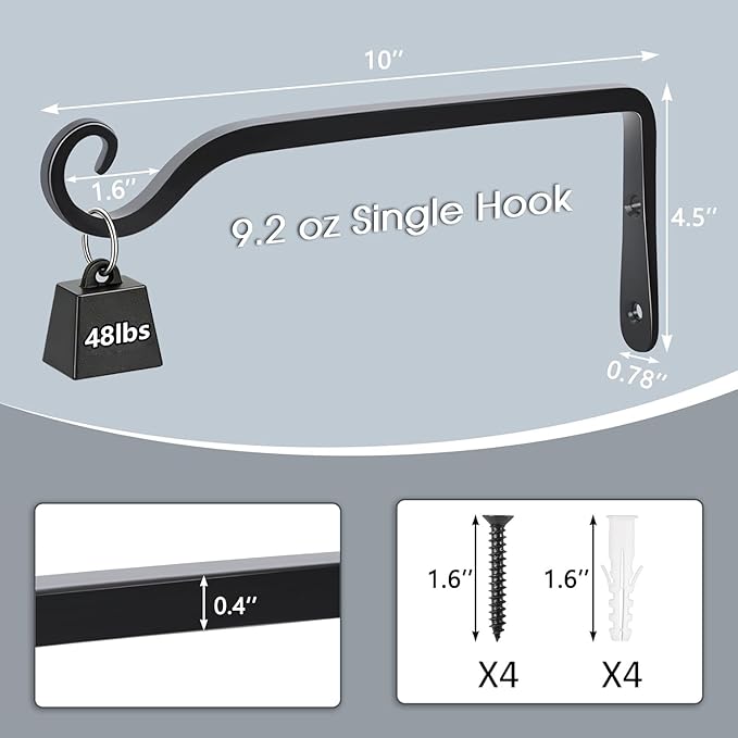 Gtongoko 2 Pack 10 Inch Plant Hangers Outdoor Metal, Plant Hooks for Wall Indoor, 48lb Capacity Outdoor Hooks for Hanging Bird Feeders, Lanterns, Wind Chime, Black