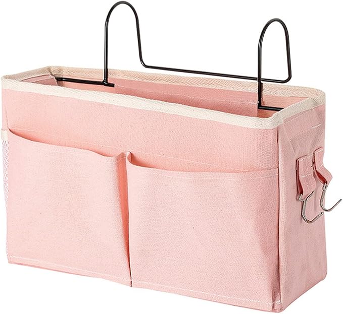 Surblue Bedside Caddy Bedside Storage Bag Hanging Organizer for Bunk, Hospital Beds, Dorm Rooms Bed Rails Camp 4 Pockets and 2 Hooks (Pink)