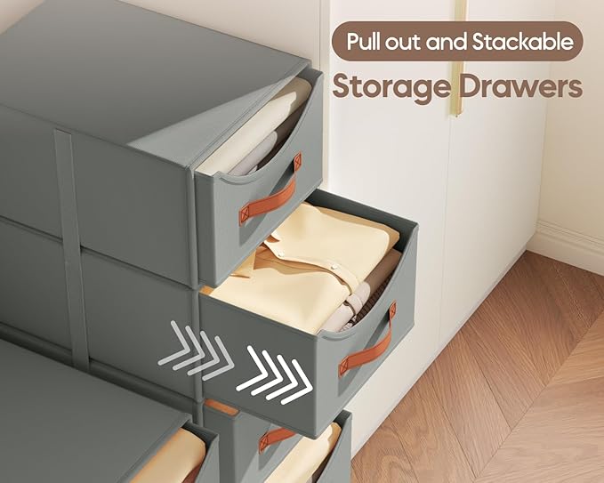 Homsorout Stackable Storage Drawers - Collapsible Storage Bins with Drawers, 4 Pack Closet Shelf Organizer Basket, Fabric Pull Out Organizer for Bedroom, Living Room, Dorm, Grey