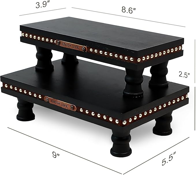 Wood Tray Pedestal Stand, Waterproof Bathroom Counter Organizer, Modern Farmhouse Riser for Soap/Candle/Sponge Black Set （Middle+ Small