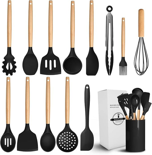 14 Pcs Black Kitchen Utensils Set with Holder for Nonstick Cookware - Silicone Cooking Utensils Set, Kitchen Tools for Daily Cooking - Wooden Handle Cooking Tools for Baking Serving and Mixing Tasks