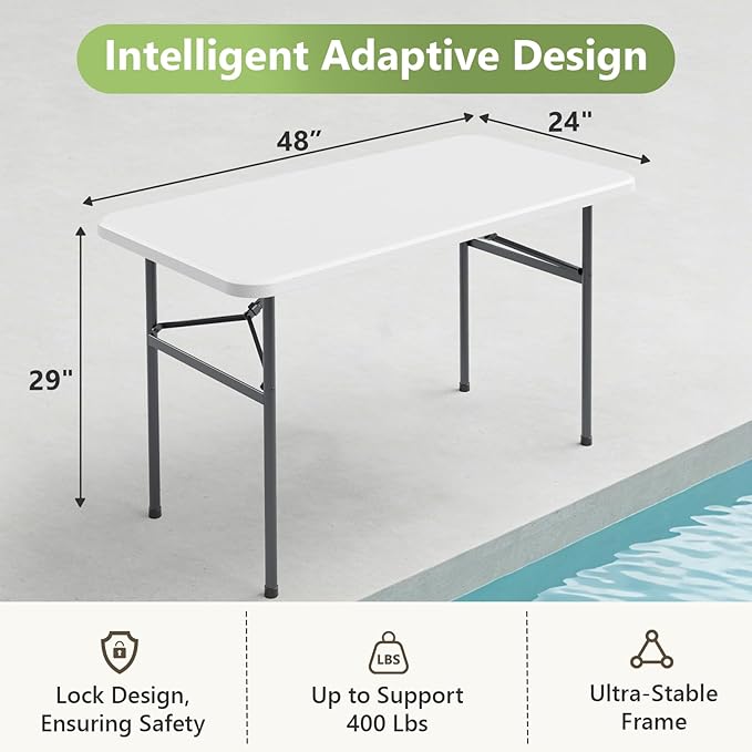 Folding Table, 2 Pack 4ft Folding Table with Foldable Steel Legs, Heavy Duty Plastic Foldable Table, Metal Frame, Support up to 400 lb, Portable for Banquet, Craft, Party, Indoor & Outdoor Use, White