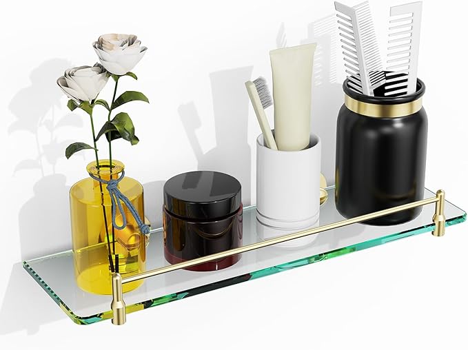 Glass Bathroom Shelves,Brushed Gold Floating Shelves for Wall Rectangular Modern Stainless Steel Glass Shelf for Bathroom Shelves wall Mounted 16 Inch