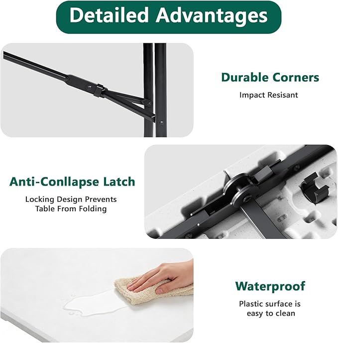 Folding Table 2 Pack, 5FT Folding Table Portable with Built-in Handle, Heavy Duty Plastic Table with Steel Legs Supports to 300lbs, Suitable for Party, Camping, Events Indoor&Outdoor Use, White