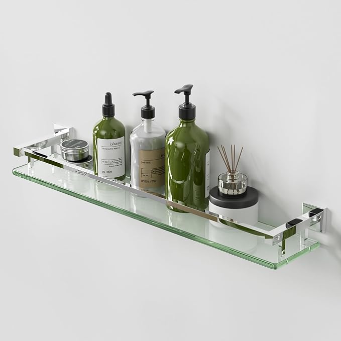 Alise Glass Bathroom Shelves Wall Mounted, 24 Inch Polished Chrome Tempered Floating Shelves Bathroom, Stainless Steel Bathroom Glass Shelf