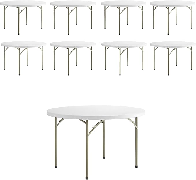 PRO&Family Commercial Round Folding Table, White Top, Powder-Coated Steel Frame, High-Impact Polyethylene Construction, Perfect for Wedding, Party, Shool, Church. (9, 48" Bi-Fold)