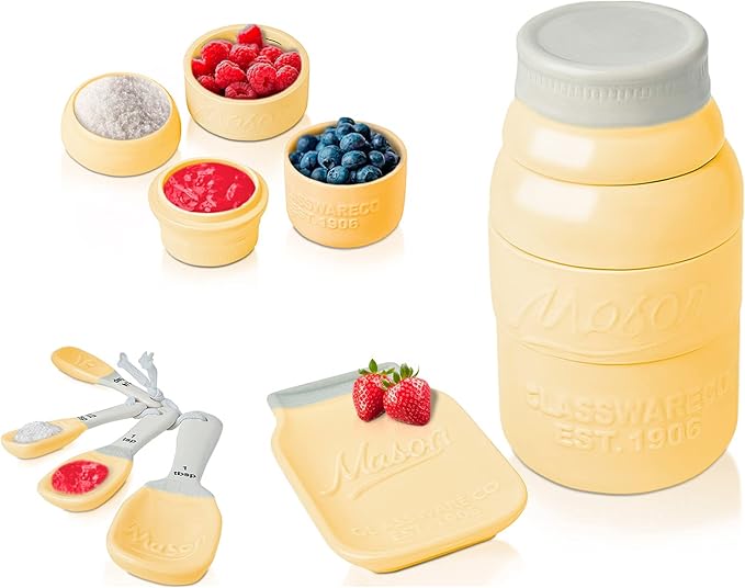 Comfify Mason Jar Kitchenware Set – Yellow Ceramic Decor with 4 Measuring Cups, 4 Measuring Spoons, Spoon Rest
