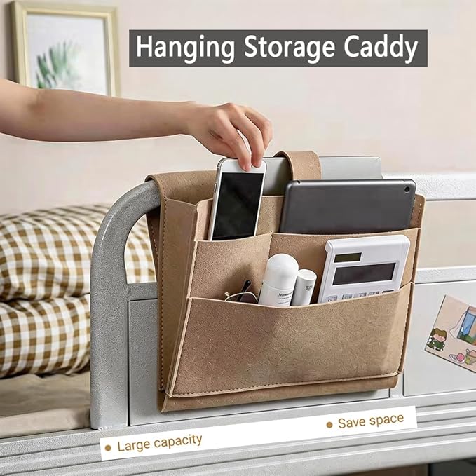 Bedside Caddy,Large Bed Caddy Hanging with Cord Slit, Bedside Remote Holder for Magazine,Books,Bunk Bed Accessories with Strong-Grip Loop Tape Sticky for Dorm, Bedroom, Sofa