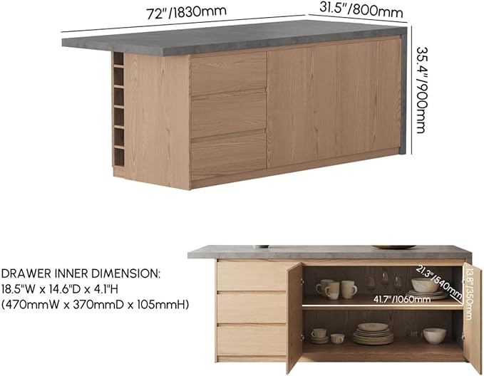 homary Kitchen Island with Storage & Wine Rack, 72" Modern Gray Kitchen Cabinet with Wood Top, Large Fixed Island with 3 Drawers & 6 Adjustable Shelves, Without Bar Stools