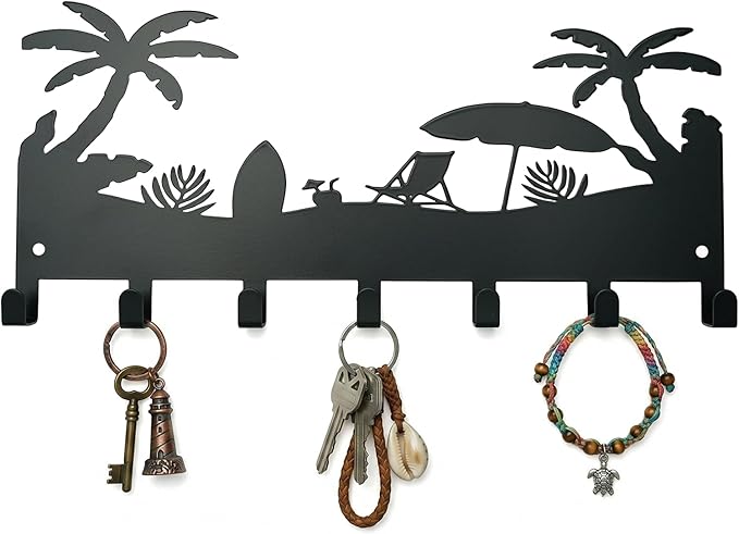 Metal Key Holder Wall Mount, Coastal Tropical Key Rack Hooks, Beach Palm Tree Sunset Wall Art Organizer for Entryway, Kitchen, Hallway, Garage, Farmhouse Home Decor & Housewarming Gift(Coconut Tree)