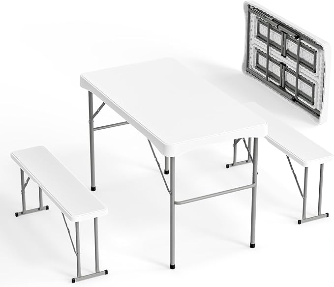VINGLI Picnic Table Set with 2 Benches, 6 Feet Camping Table Chair Set, Heavy-Duty HDPE Material with Metal Frame, 3-Piece Folding Furniture for Indoor or Outdoor Use (3.5ft White)