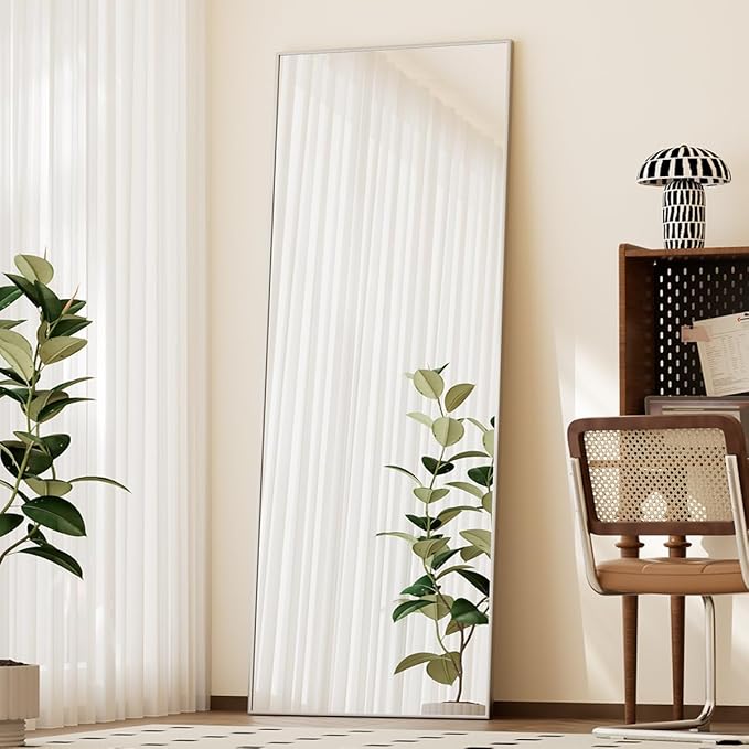 BEAUTYPEAK Full Length Mirror with Stand, 56"x21" Floor Mirror with Aluminum Alloy Thin Frame, ShatterVue Tempered Full Body Mirrors, Free Standing or Wall-Mounted Mirrors for Living Room, Silver