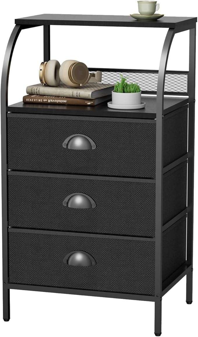 Nightstand with 3 Drawers, Bedside Table with 2-Tier Storage Shelf, Fabric Small Dresser Organizer, End Table Side Table, Living Room, Closet, Sturdy Steel Frame, Wood Top, Black