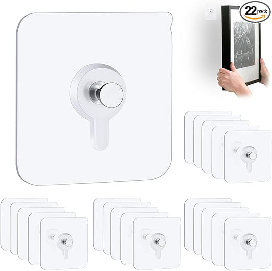22 Pcs Drill Free Adhesive Wall Hooks, 20 lb Capacity Picture Hanging Hooks, Heavy Duty Picture Hangers Without Nails Strong Hold for Bathroom, Kitchen & Entryway