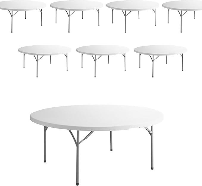 PRO&Family Commercial Round Folding Table, White Top, Powder-Coated Steel Frame, High-Impact Polyethylene Construction, Perfect for Wedding, Party, Shool, Church. (8, 72")