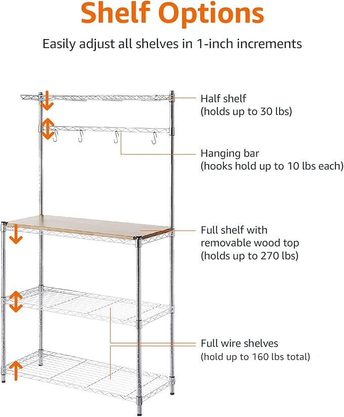 Amazon Basics 3 Tier Sturdy Baker's Rack with Kitchen Storage, Storage Shelf, Utility Storage, Removable Top, Hanging Bar, 14" x 35.83" x 63.31", Wood/Chrome