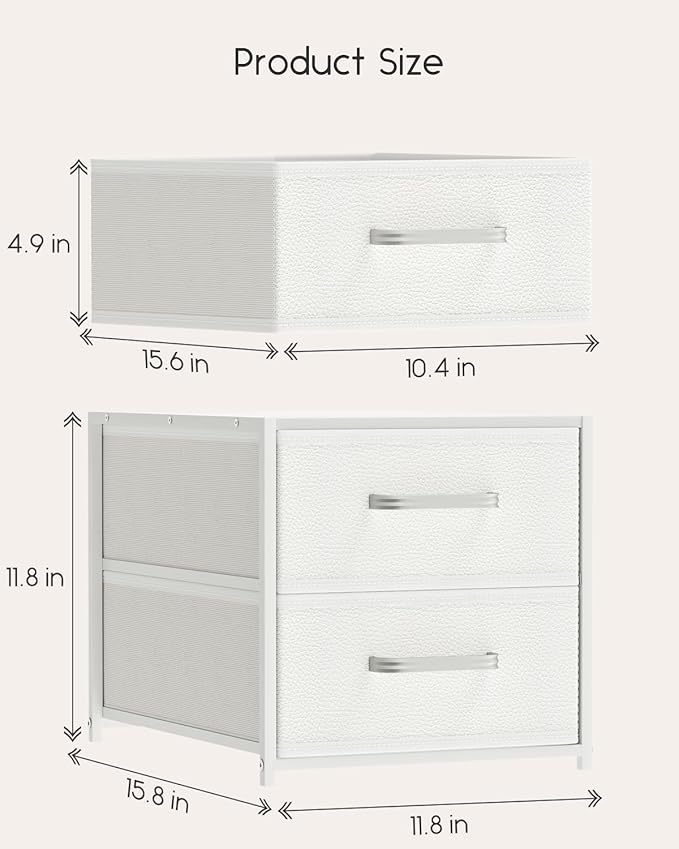 Homsorout Stackable Storage Drawers - 2 Tier Closet Organizer with Metal Handles and Metal Frame, Fabric Dresser with Collapsible Bins for Bedroom, Dorm, Office, White, 2 Pack