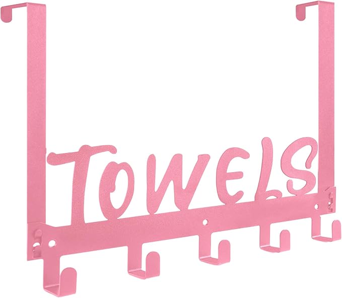 Gohiuo Over the Door Hook, Towel Holder Towel Hook for Bathroom, Towel Hanger Door Rack with 5 Coat Hooks, Over the Door Hanger Towel Rack for Bathroom, Bedroom Towels Coats(Pink)