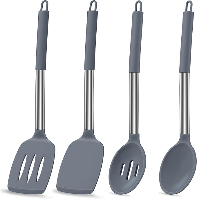 LIANYU Silicone Cooking Utensil Set, 4Pcs Heat Resistant Kitchen Utensils Set, Non-stick Stainless Steel Handle Spatula Tools, Dishwasher Safe, Grey