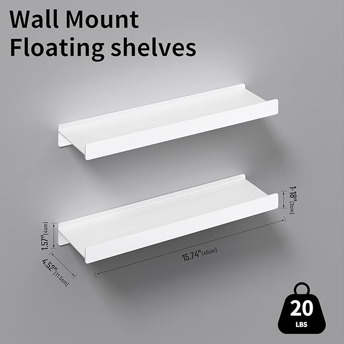 Floating Shelves for Wall, Wall Mounted Shelves with Lip for Storage, Metal Display Shelves for Home Decor, Kitchen/Living Room/Bedroom/Bathroom Shelf, White 16 inch 2 Pack