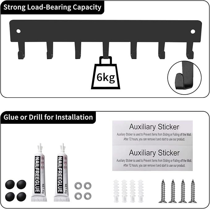 2 Pack Key Holder for Wall, Key Hooks with 7 Hooks, Self-Adhesive Key Hanger – No Drilling Required, Hallway Wall Mount Keychain, Key Rack Wall Mount for Corridor, Living Room, Garage (Grey)