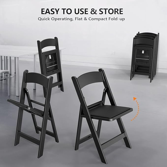VINGLI Black Resin Folding Chair with Padded Cushion, Set of 1, Plastic Foldable Seat for Indoor & Outdoor Use, Comfortable Design for Events, Parties & Home (1, Black, M)