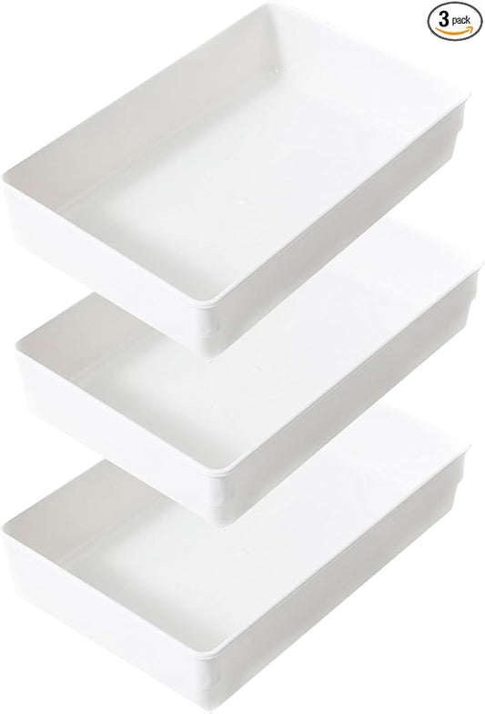3 Pack White Plastic Drawer Organizer Tray Cutlery Utensil Makeups Drawer Organizers 9" X 6"