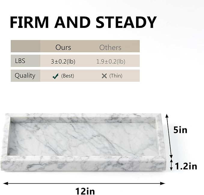 Real Natural Marble Tray for Bathroom, Vanity, Kitchen and Desktop, Rectangle Genuine Marble Stone Tray for Jewelry, Cosmetics, Candles, Lotion, Perfume and Home Decor, 12"x5" Size
