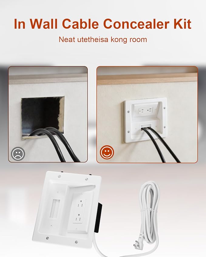 in Wall Cable Concealer Kit with Recessed TV Outlet Box 2 Hole Socket, 9ft Cord, Cable Management Kit with TV Cable Management, HDMI Cables and Home Theater Systems