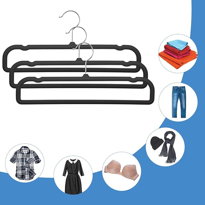 30 Pack Velvet Pants Hangers Non Slip, Black Flocked Trouser Hangers with Swivel Hook, Space Saving Slim Clothes Hanger for Closet, Jeans, Shirts and Dresses