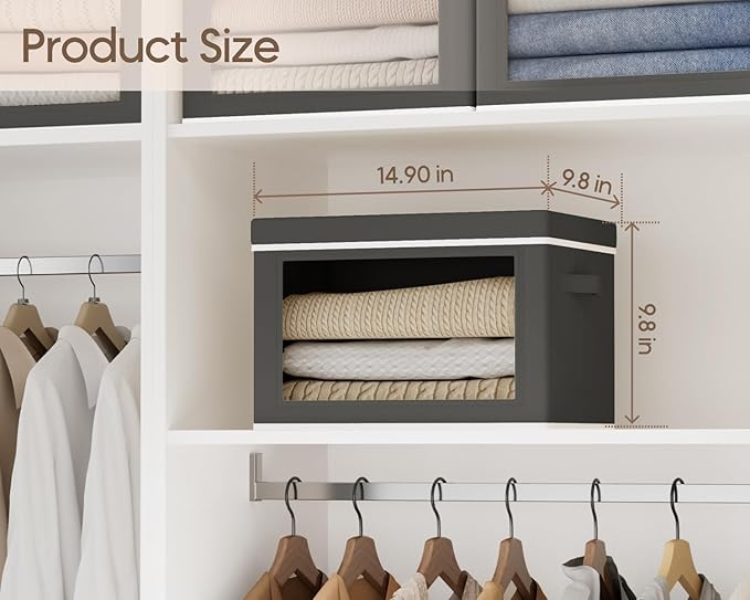 Homsorout Collapsible Storage Bins with Lids - Stackable Storage Containers with Window, 3 Pack Fabric Bins for Closet, Home & Office Organization Baskets, Dark Gray, 14.9" x 9.8" x 9.8"