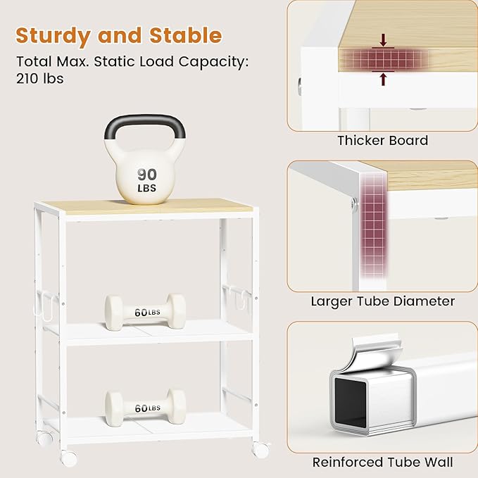 Rolling Kitchen Microwave Cart, 3-Tier Microwave Stand with Adjustable Shelf, Kitchen Storage Cart on Lockable Wheels, Coffee Bar Cart Shelf Rack Organizer for Kitchen, Living Room, Office, Balcony