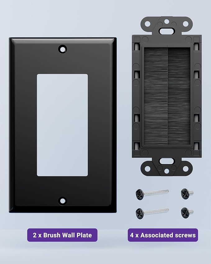VCE Brush Wall Plate Cable Pass Through, Single Gang Decorator Wall Cover for Low Voltage Cables, In-Wall Cable Management for Wall Mount TV (Black), 5-Pack