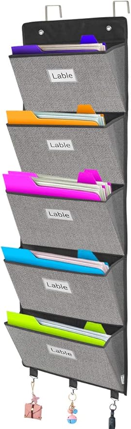 homyfort Over the Door File Organizer, Wall Hanging File Folders with 5 Large Pocket for Mails, Magazines, Back to School Supplies,Office Chart Storage, Paper Organization (Grey)