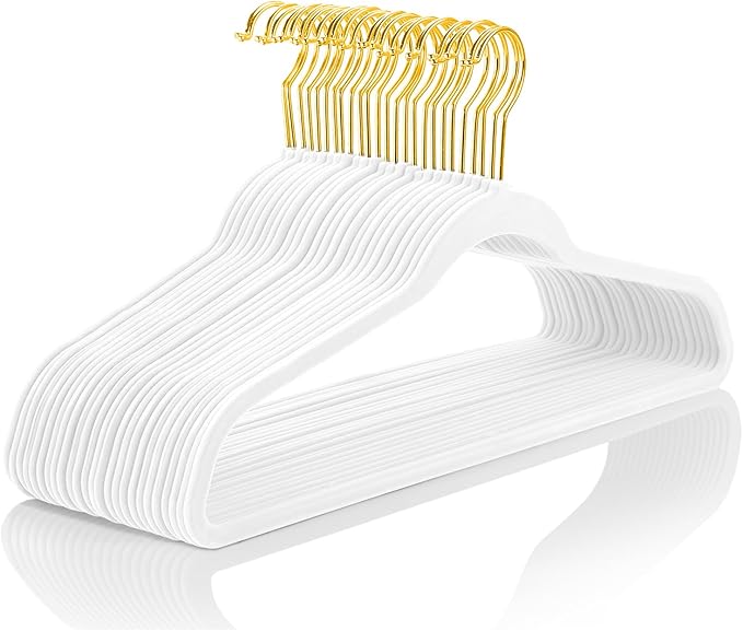 MIZGI White Velvet Hangers 40 Pack,Premium Gold Clothes Hangers Non-Slip Felt Hangers,Sturdy White Hangers Heavy Duty Coat Hangers,Durable Suit Hangers for Space Saving, No Hanger Marks