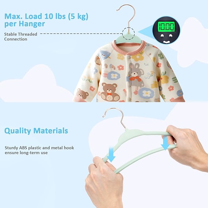 Tonswachic Baby Velvet Hangers 30 Pack - 11 Inch Premium Non Slip Kids Felt Hanger for Infant Clothes - Ultra Thin Baby Felt Hangers for Toddler Children's Closet with 10 Hanger Clips - Green