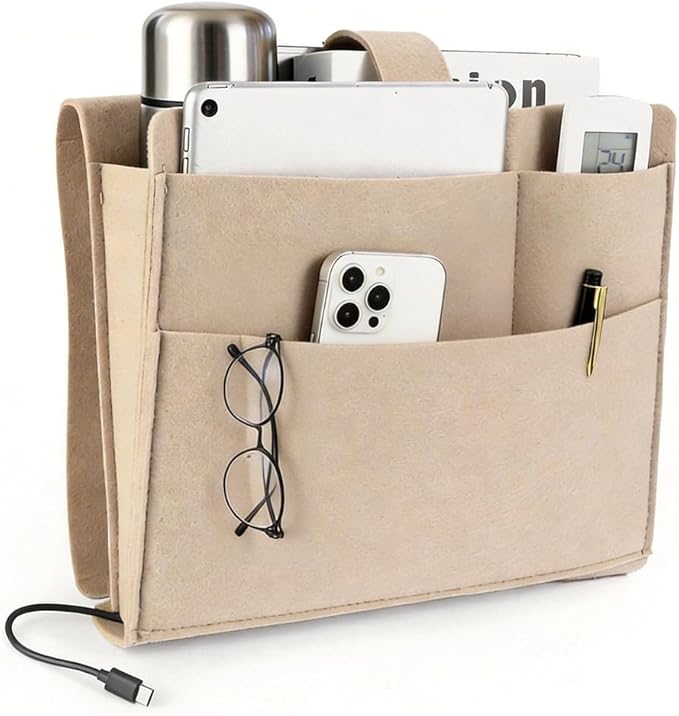 Felt Bedside Caddy, Large Bed Storage Organizer Hanging Bag Holder with Cord Slit,Magazine Book Phone and Remote Caddy for Bed Home Dorm Sofa,Bedside Pouch