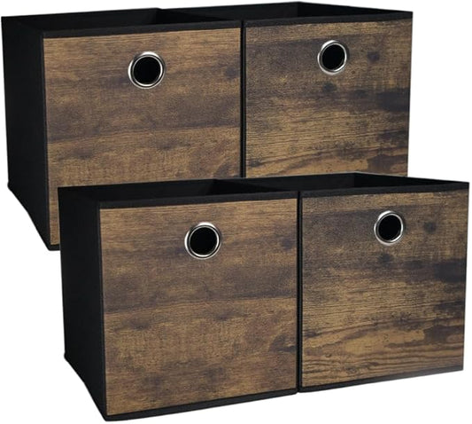 4 Pack Durable Storage Cube Bins with Decorative Wood Grain,Thickened Fabric Box,Storage Basket for Shelves,Closet,Storeroom,Bedroom,Living Room,Nursery,Office,Dorm,RV, 12x12x12in ( (Medium)