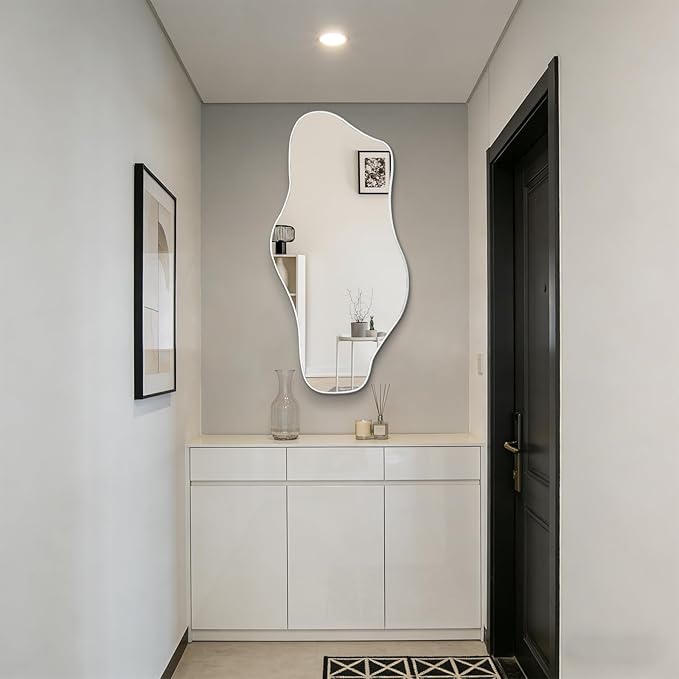Irregular Wall Mirror, 47.2"x24" Silver Asymmetrical Tempered Glass Mirror, Modern Organic Shaped Frameless Mirrors for Living Room Bedroom Hallway Entryway, Horizontal or Vertical Hanging