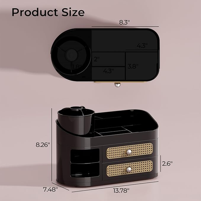 UFORU Makeup Organizer with Rotating Brush Holder, Bathroom Countertop Organizer with 2 Drawers, Easy to Store Hair Brush, Lipsticks, Perfumes, Skincare, Black