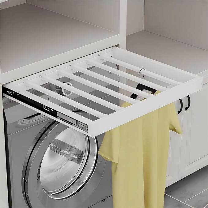 Hidden Pull Out Drying Rack, Extendable Pull Out Trousers Rack, Space Saving, Above Washing Machine Wardrobe, Aluminum Alloy, Tip-On, Depth 17.32in Width 26-28in White