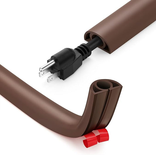 12ft Cord Cover Floor for Extension Cords, Self-Adhesive Floor Cable Cover to Protect Cables & Prevent Tripping, PVC Cord Hider Protector, Internal Wire Management Channel Diameter: 0.39", Brown