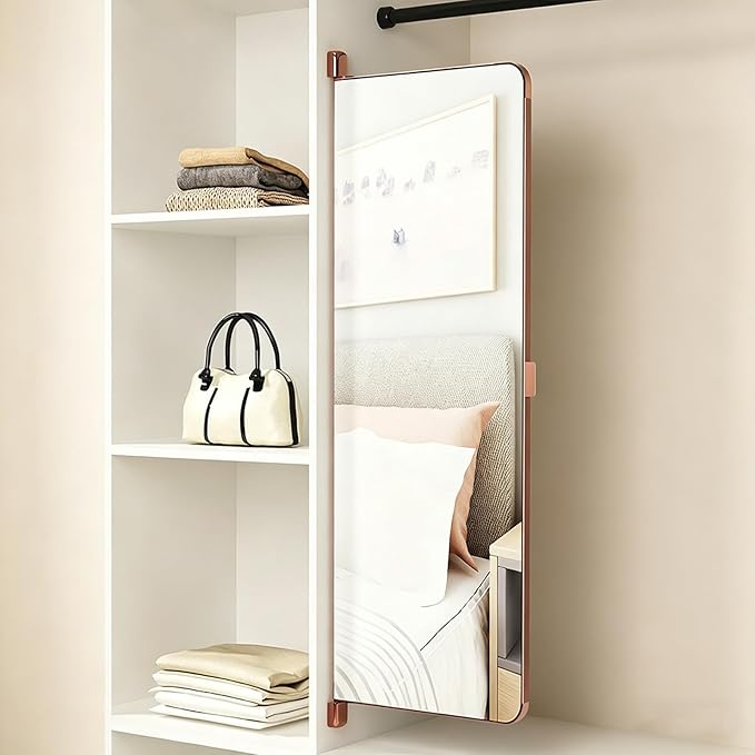 180° Swivel Full Length Mirror, 47" x 15.2" Wall Mounted Full Length, Hideaway Closet Mirror for Cloakroom, Bedroom, Door - Rose Gold