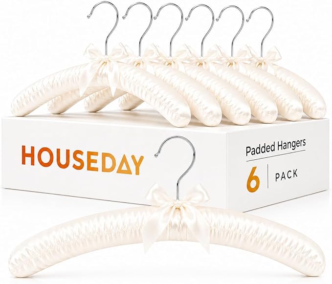 HOUSE DAY 17 Inch Satin Padded Hangers for Women, 6 Pack Heavy Duty Silk Hangers with Swivel Hooks, No Shoulder Bump Thick Foam Hangers for Sweater, Wedding Dress, Coat & Delicate Cashmere - Beige