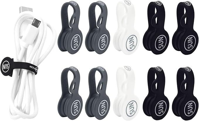 SUNFICON Cable Organizers Magnetic Cable Clips Earbuds Cords Winder Bookmark Clips Whiteboard Noticeboard Fridge Magnets USB Cable Manager Ties Straps for Home,Office,School 5 Pack Gray White Black